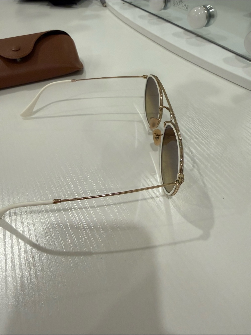 Round Double Bridge Ray Ban Gold Frame Blue Gradient Lens Sunglasses - Picture 8 of 11